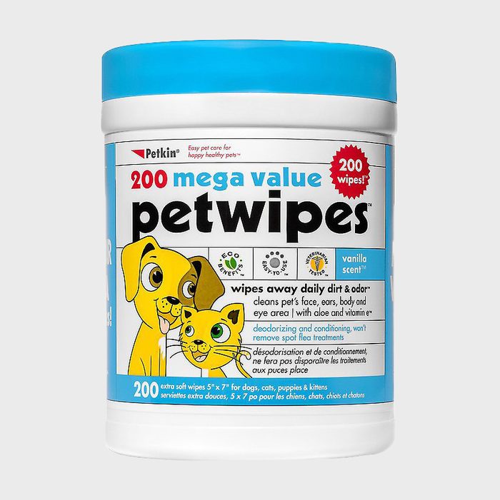 A cylindrical container of pet wipes labeled 