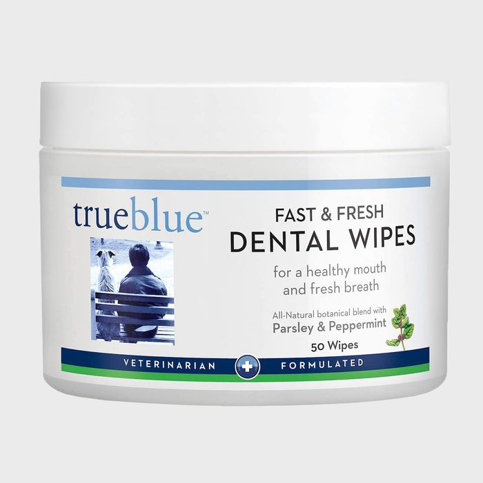 A container of dental wipes is displayed, indicating use for maintaining pet oral hygiene. It features calming colors and mentions natural ingredients for fresh breath.