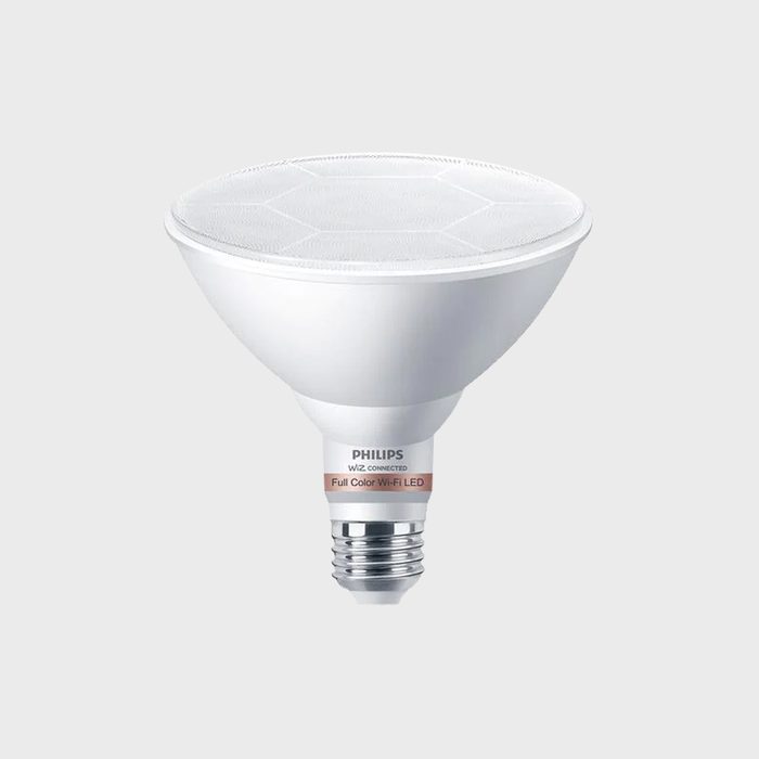 A white LED light bulb with a wide top and narrow base, designed for Wi-Fi connectivity, sits against a light gray background.