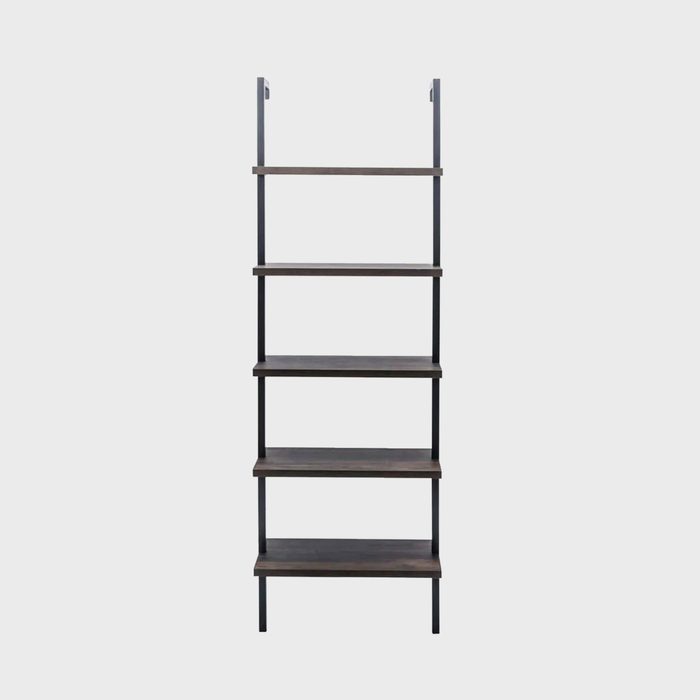A tall, five-shelf unit stands upright, featuring wooden shelves supported by a black metal frame, set against a plain light backdrop.