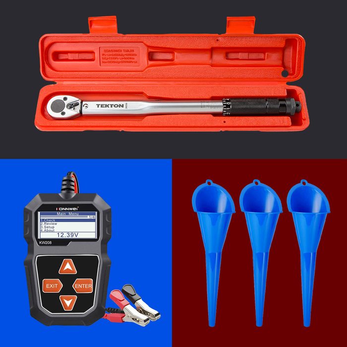 A torque wrench in a red case is positioned above a diagnostic tool with clips, alongside three blue funnels, all set against a contrasting background.