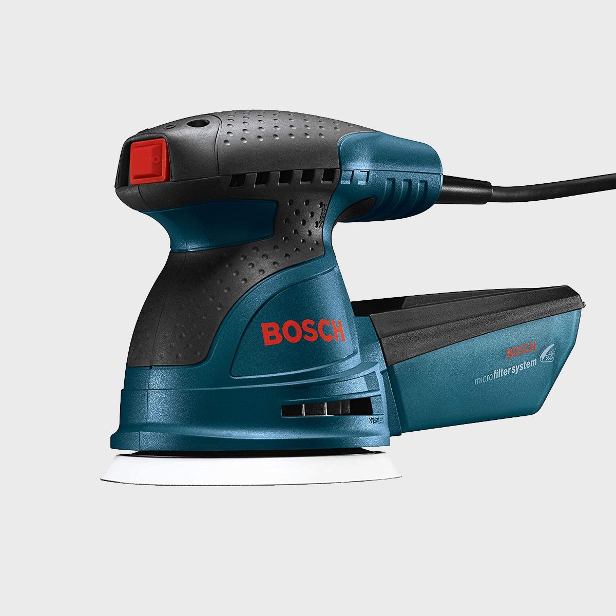A power sander is positioned at an angle, featuring a prominent brand logo. It is designed for smoothing surfaces in various woodworking projects.