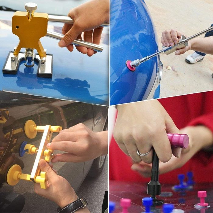 Various car dent repair tools are being used by hands on different vehicle surfaces, showcasing techniques for restoring the car's bodywork in a garage environment.
