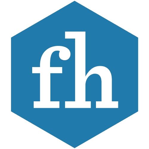 A blue hexagonal shape displays the lowercase letters "fh" in white, suggesting a modern, simplistic logo design, typically used for branding purposes.