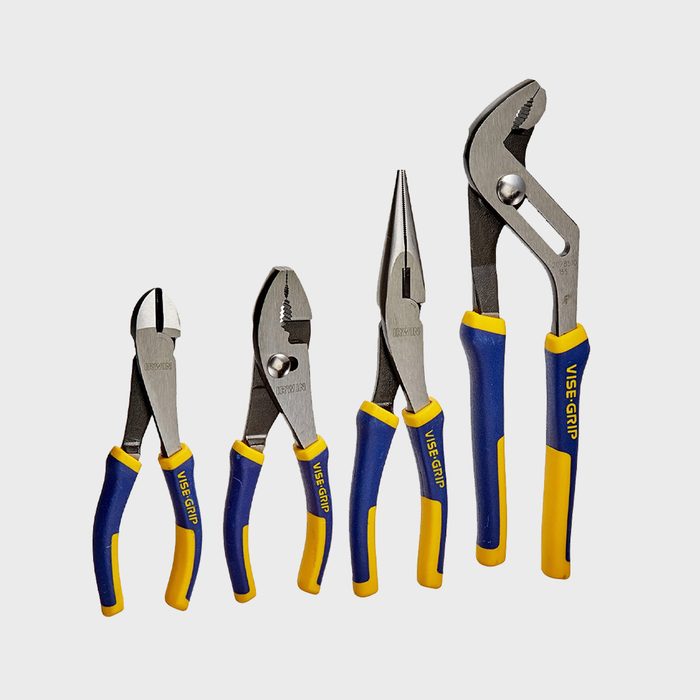 A set of four pliers, varying in size and type, with yellow and blue rubber grips, displayed against a plain white background.