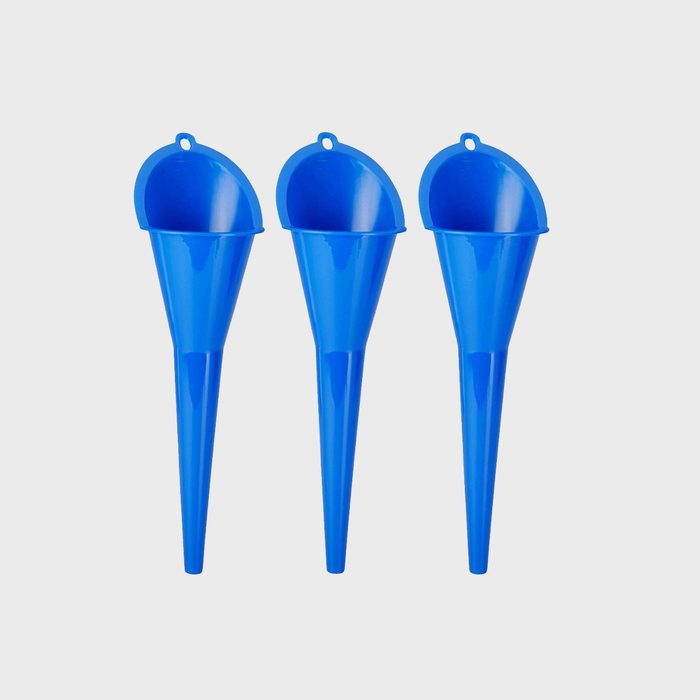 Three blue plastic funnels stand upright against a neutral background, designed to help pour liquids or small solids into containers.