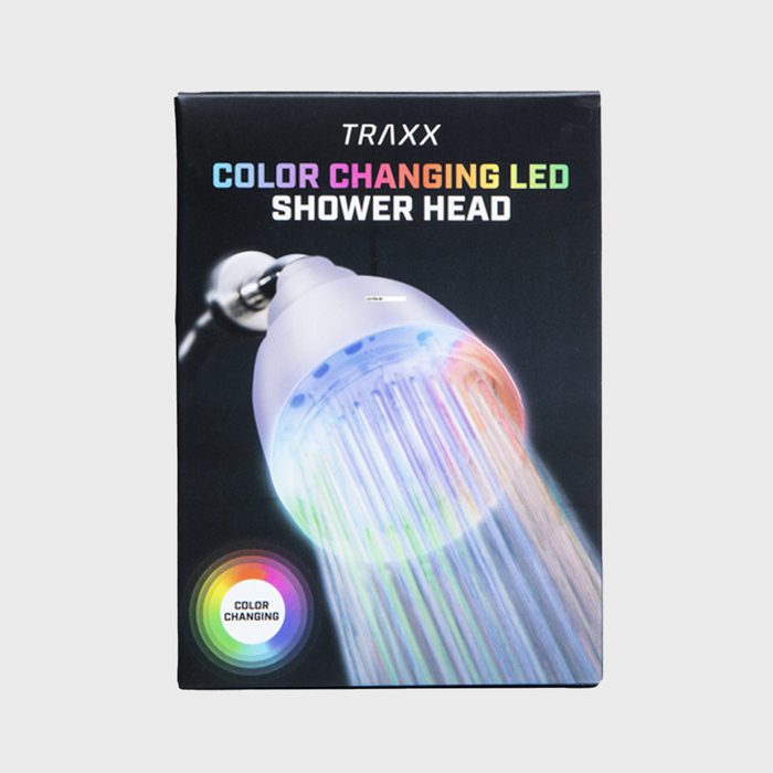 A shower head is displayed on packaging, featuring LED lights that change colors, aimed at enhancing the shower experience with vibrant visuals.