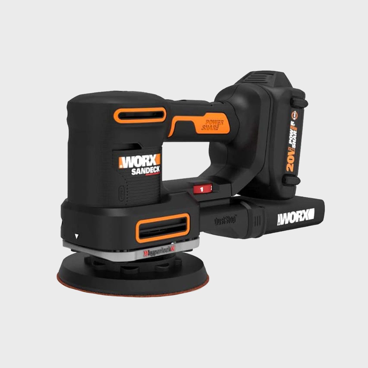 A handheld sanding tool smooths surfaces using rotating sandpaper. It features a dual-color design and is equipped with a rechargeable battery for portability.
