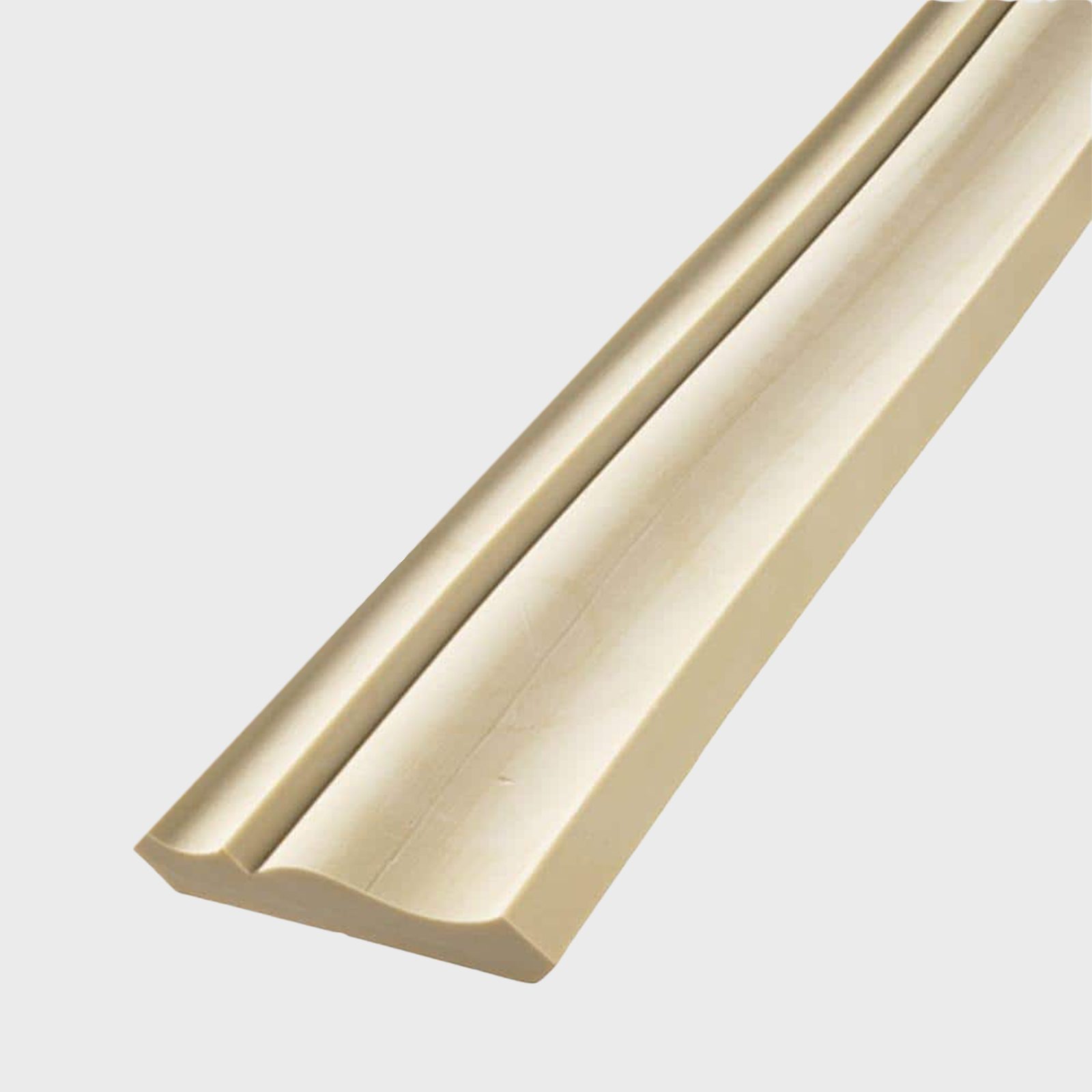 A smooth, beige molding rests at an angle, showcasing its curved edge in a minimalist, neutral background, suggesting a decorative architectural element.