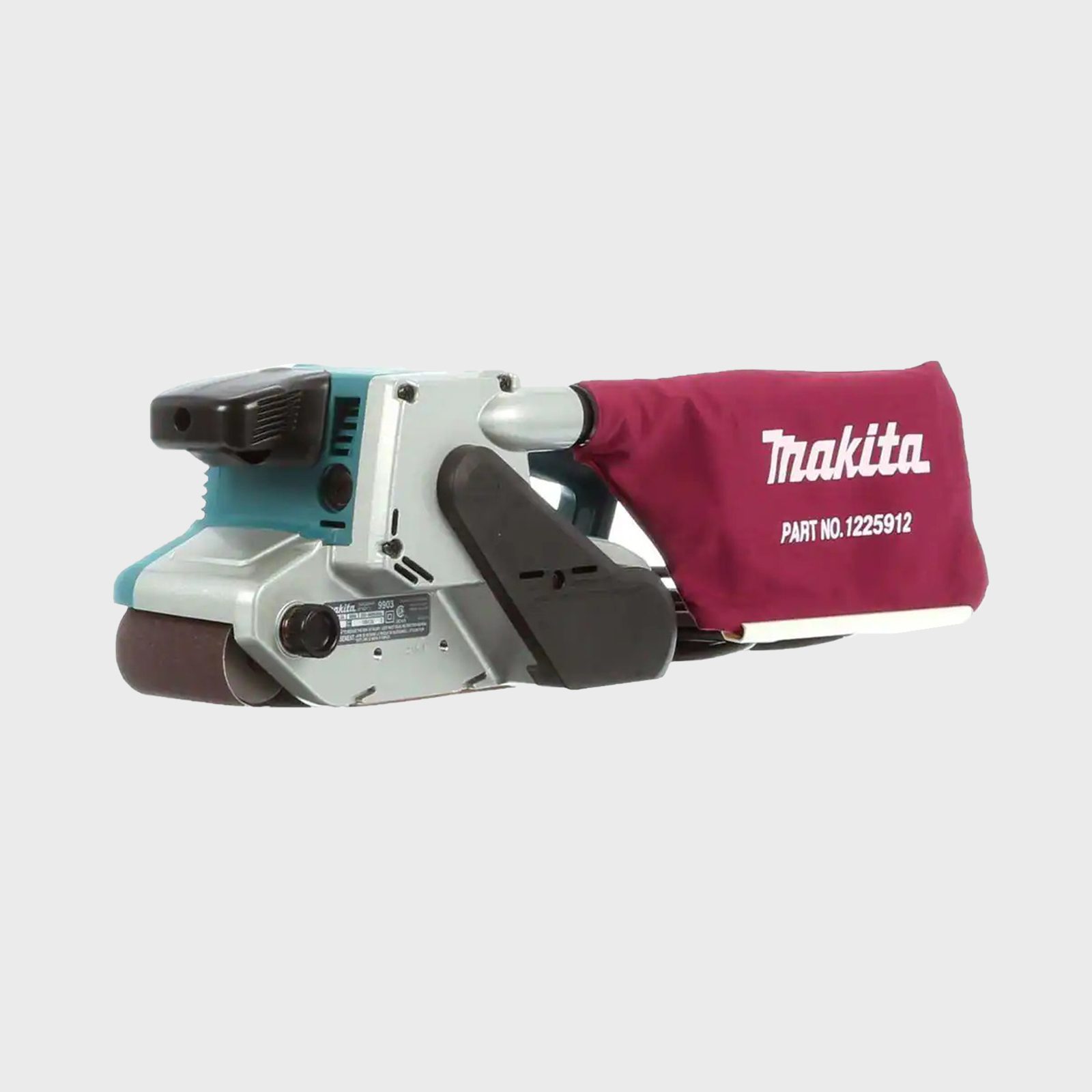 A power sander features a blue and gray body with a maroon dust bag. It is positioned on a plain background, ready for use in woodworking.