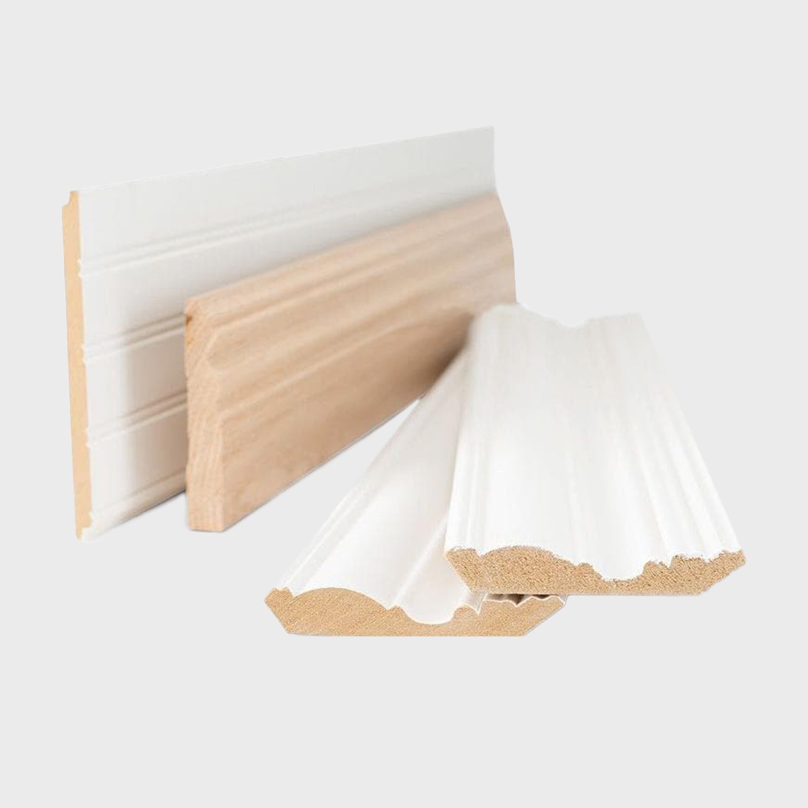 Three decorative moldings in various styles, two white and one natural wood finish, displayed against a neutral background.