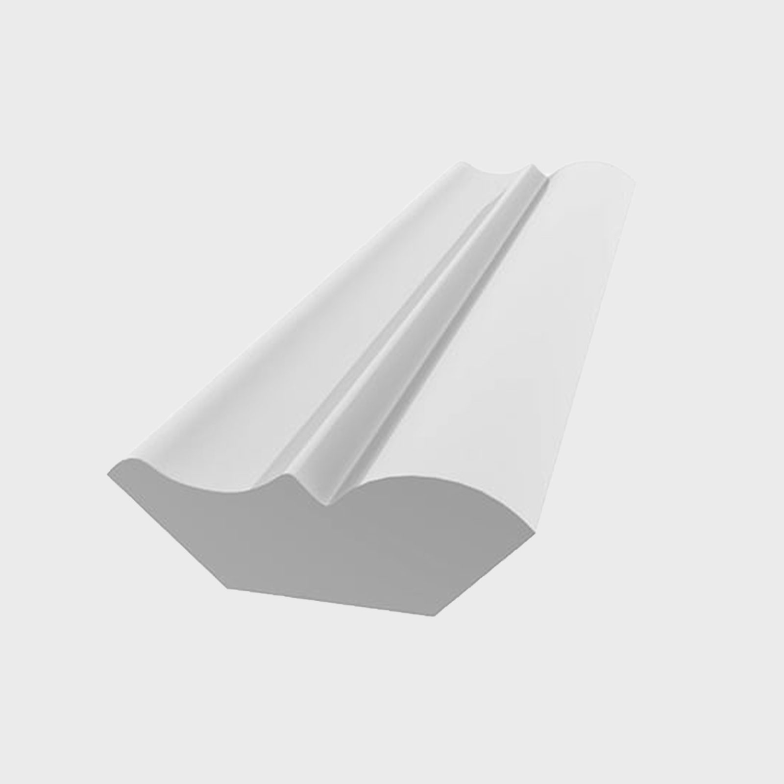 A white decorative molding piece is angled, showcasing its curved profile and grooves, often used in interior design to enhance walls or ceilings.