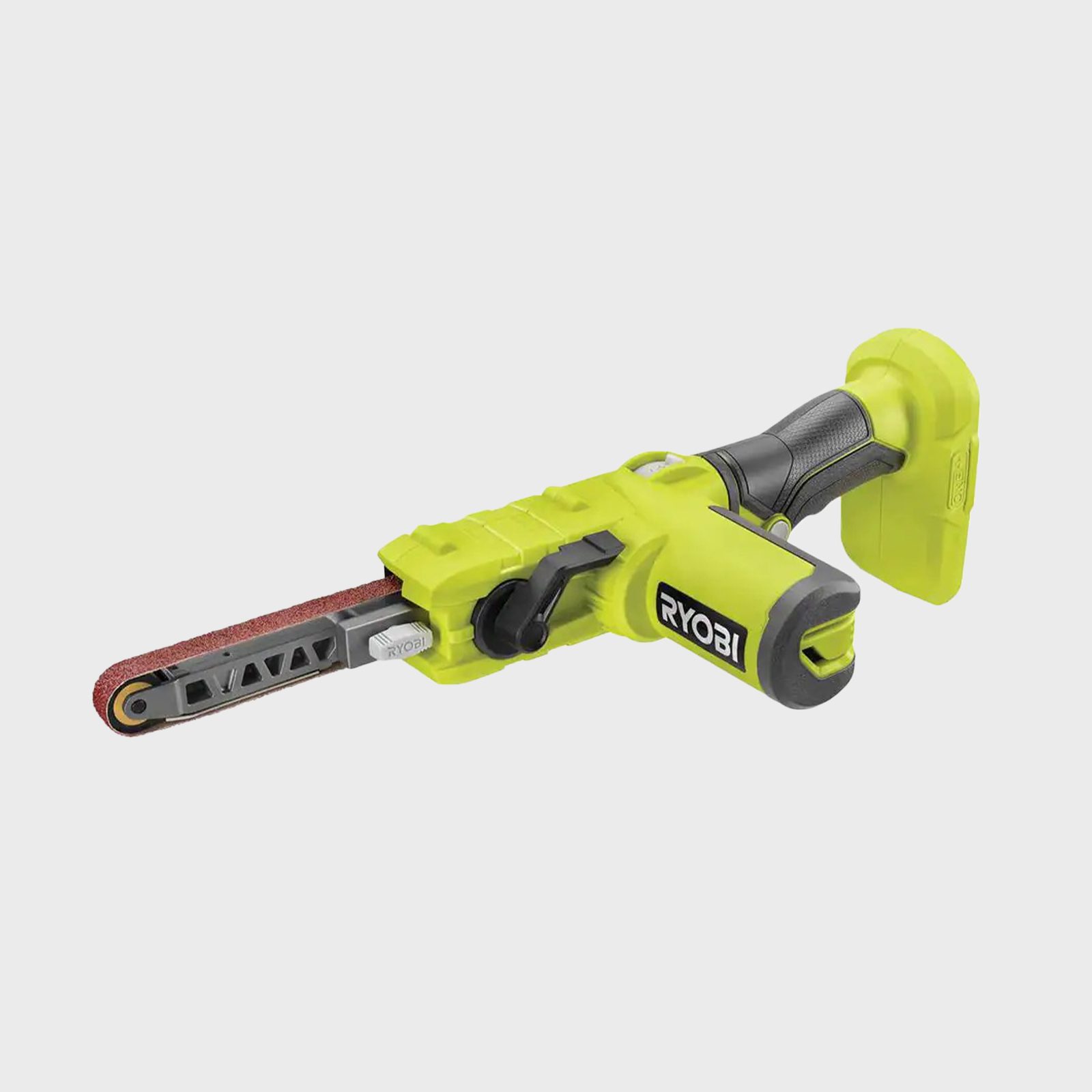 A bright green sanding tool with a handle and a sanding belt attached, designed for smoothing surfaces in woodworking or crafting.