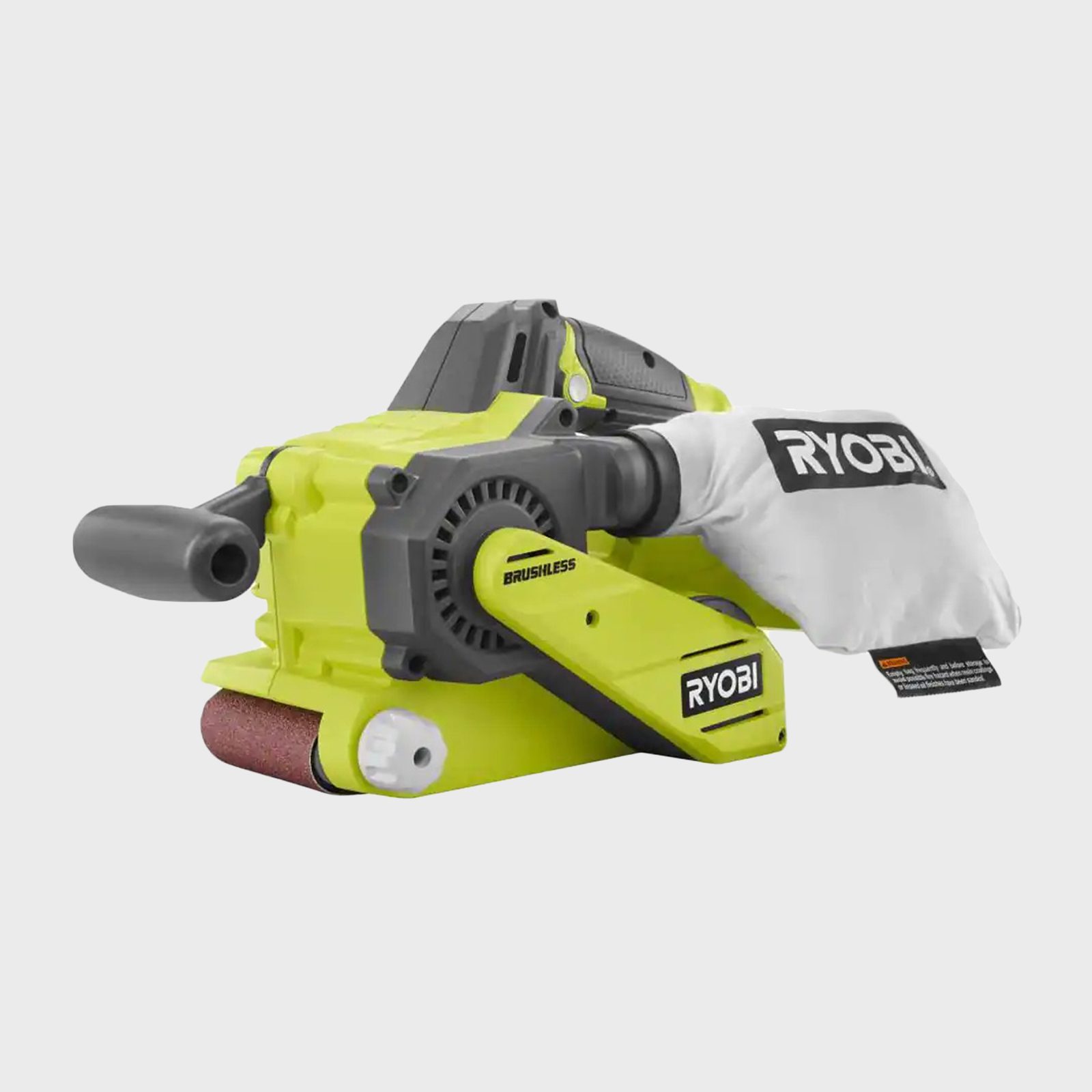A green and gray Ryobi belt sander is positioned, ready for use, with a white glove on the handle, suggesting preparation for a sanding task.