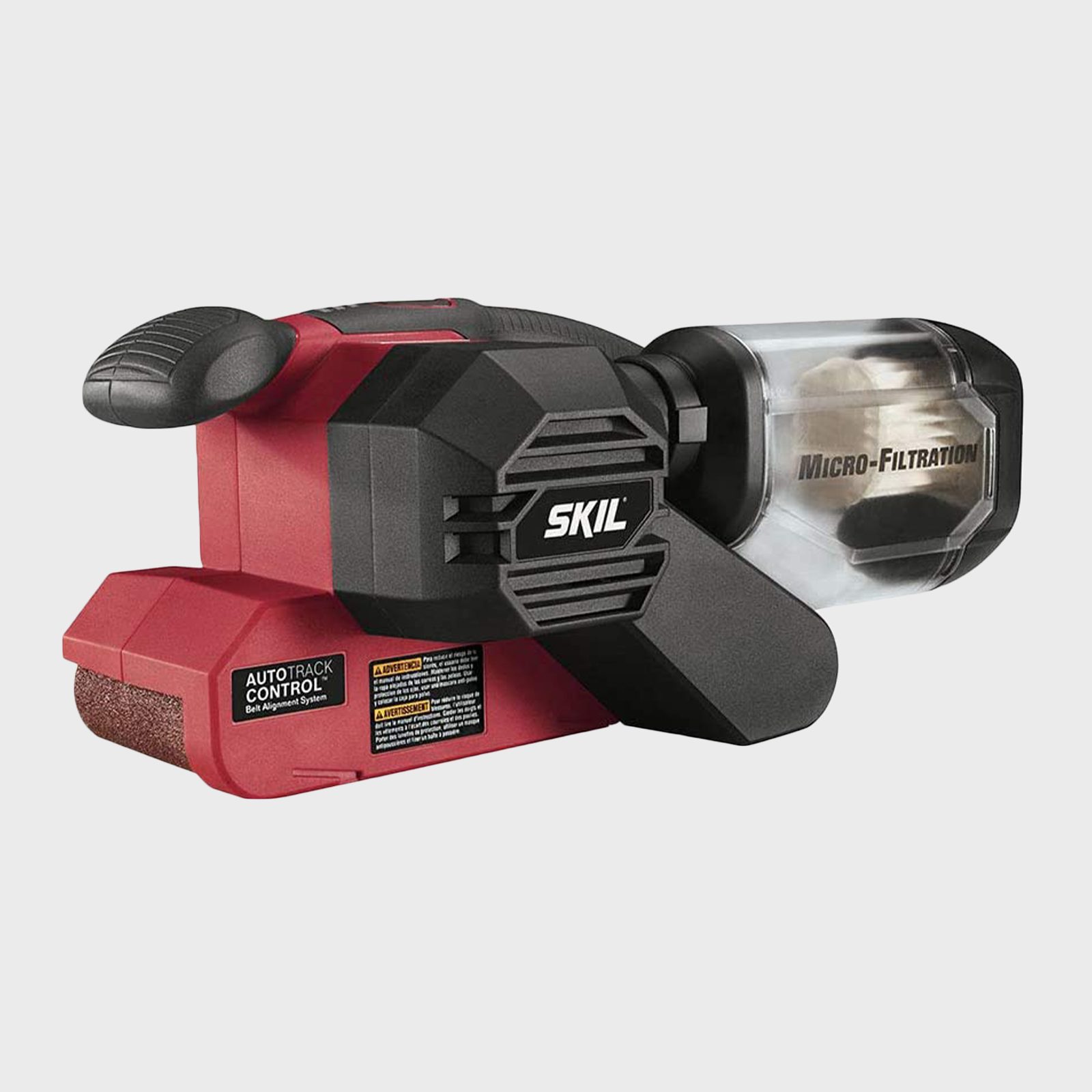 A red and black belt sander is positioned on a flat surface, designed for smoothing surfaces, featuring a dust collection system for cleaner operation.