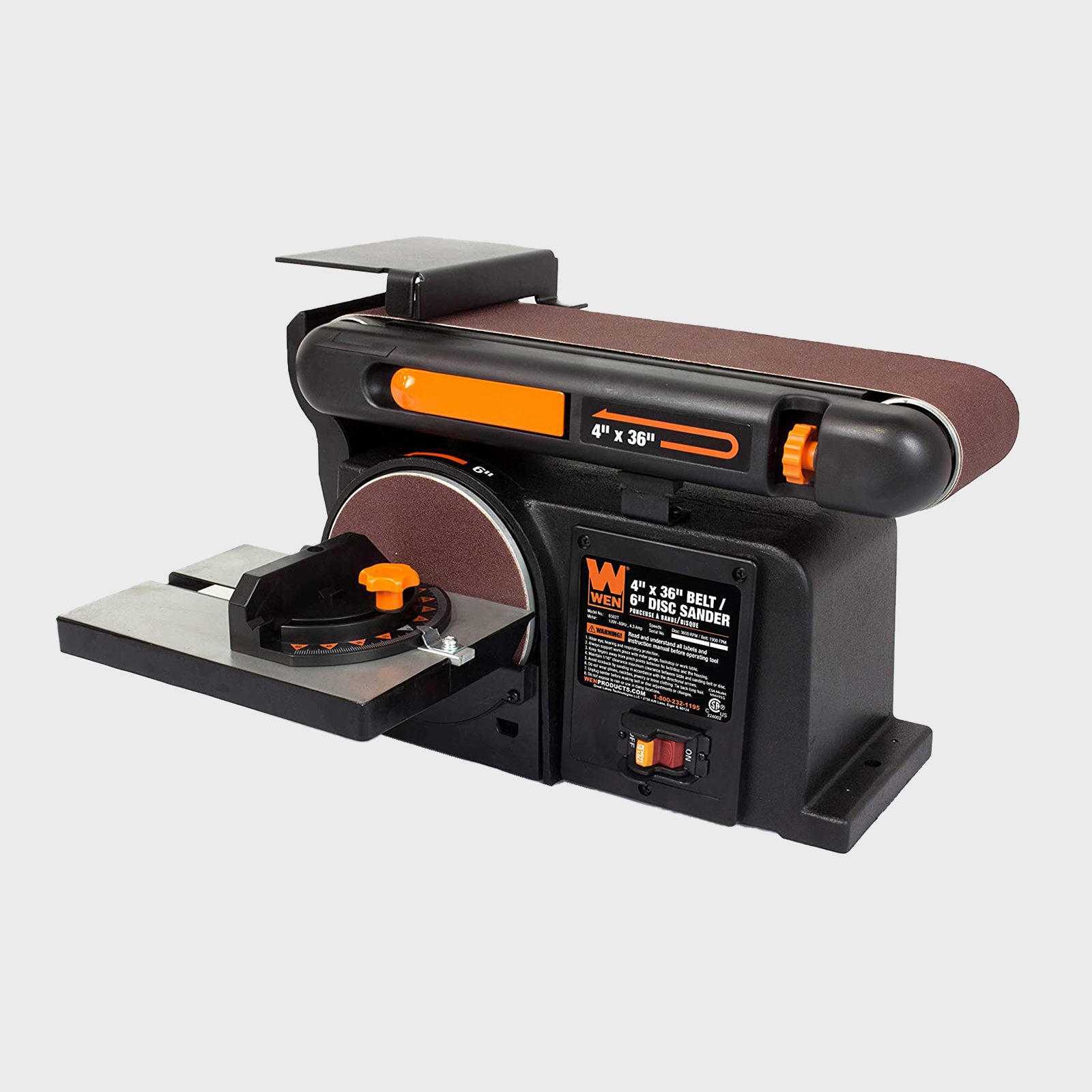 A belt and disc sander is positioned on a flat surface, with a sanding belt and disc ready for woodworking tasks, featuring adjustable components for precision.