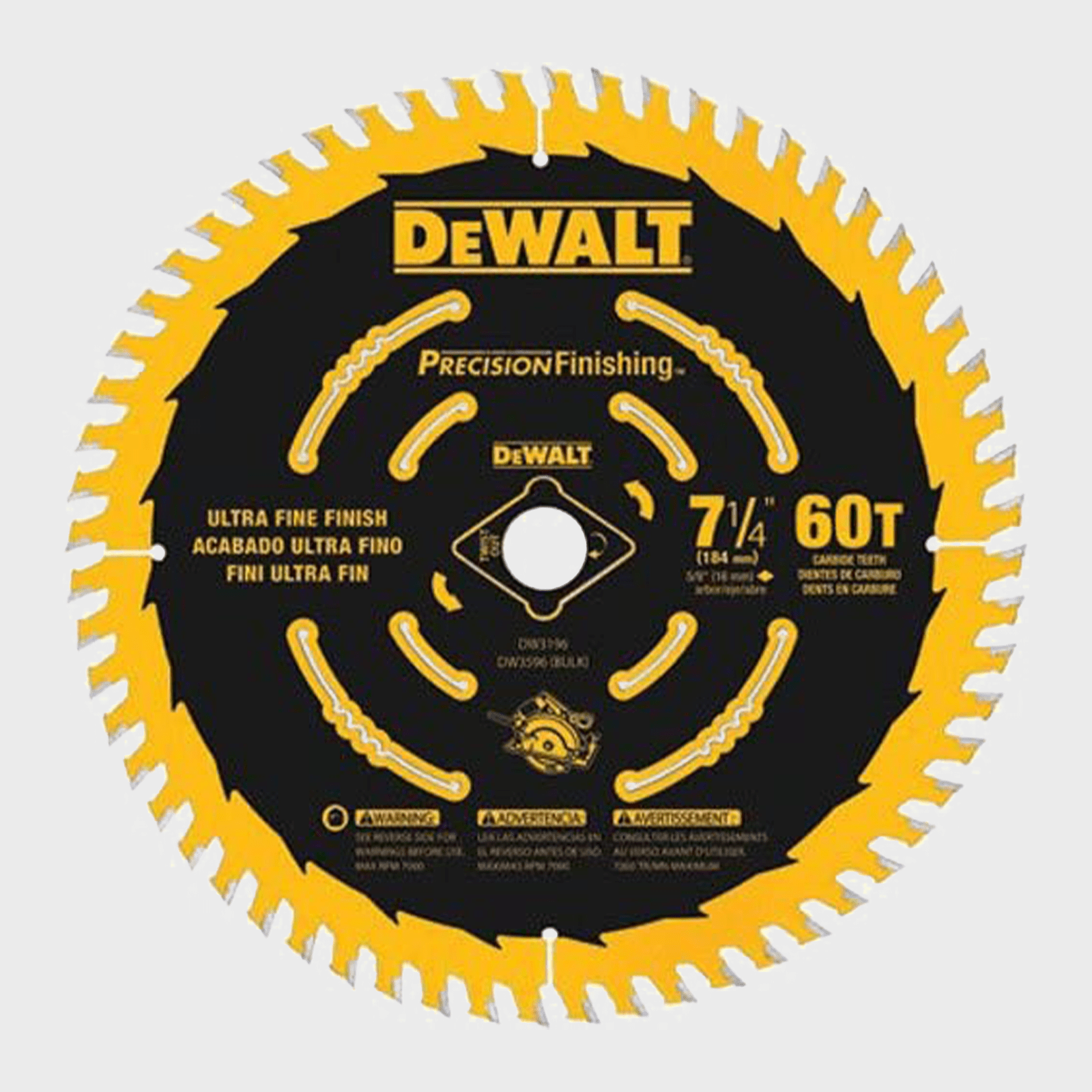 A circular saw blade with yellow and black markings, featuring 60 teeth for ultra-fine finishing, designed for woodworking tasks.