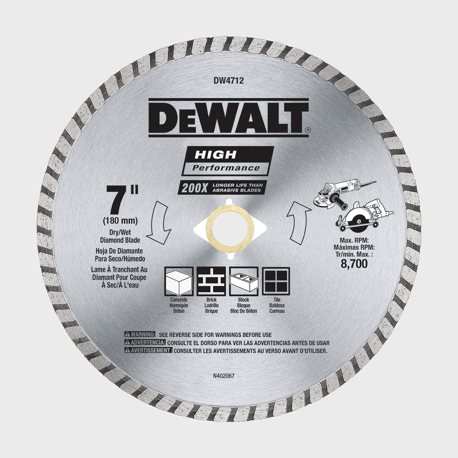 A circular saw blade lies flat, labeled for cutting materials like concrete and brick, featuring safety and performance specifications in a well-lit, neutral background.