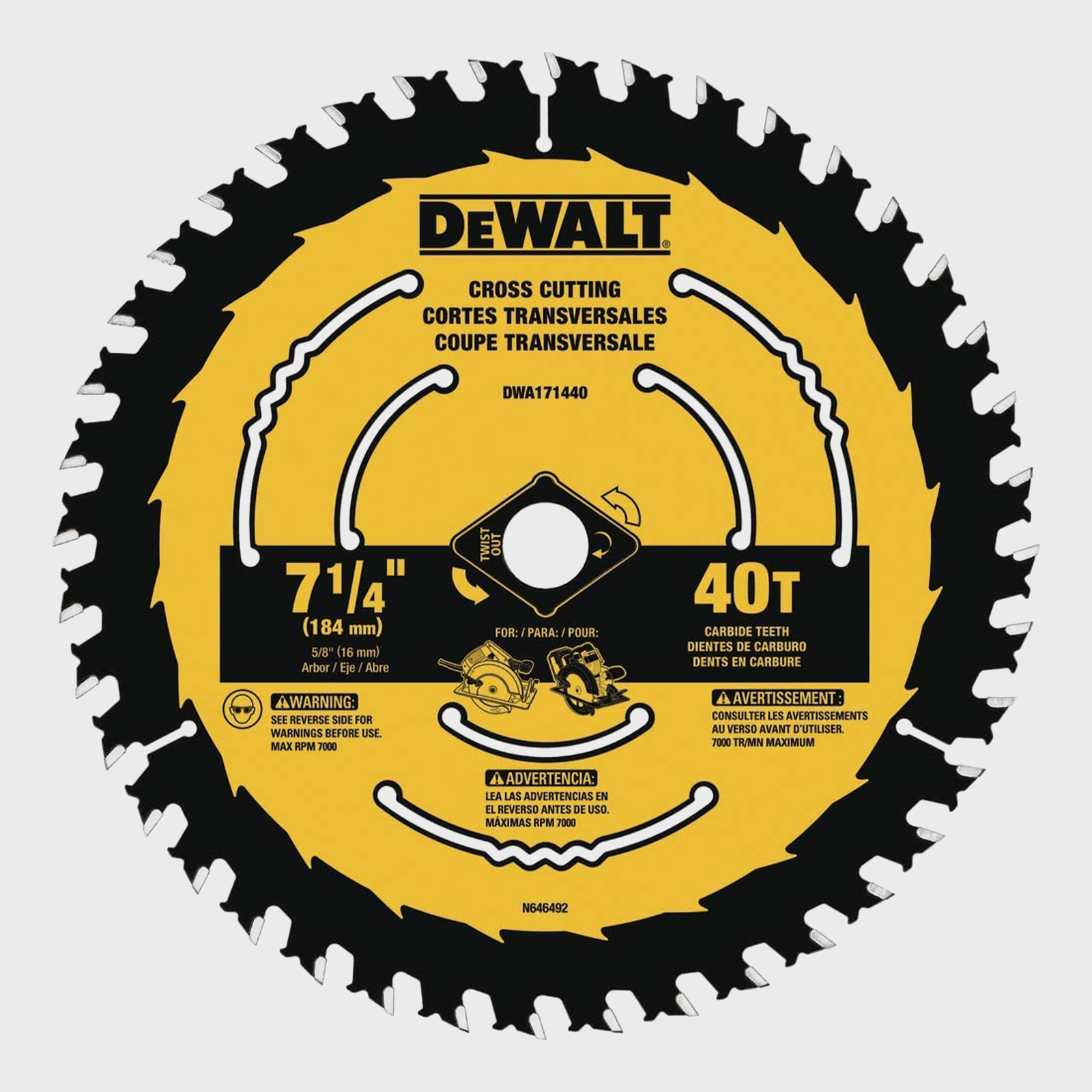 A circular saw blade is displayed, with carbide teeth and specifications for cross-cutting. The background is yellow with black text and graphical warnings.