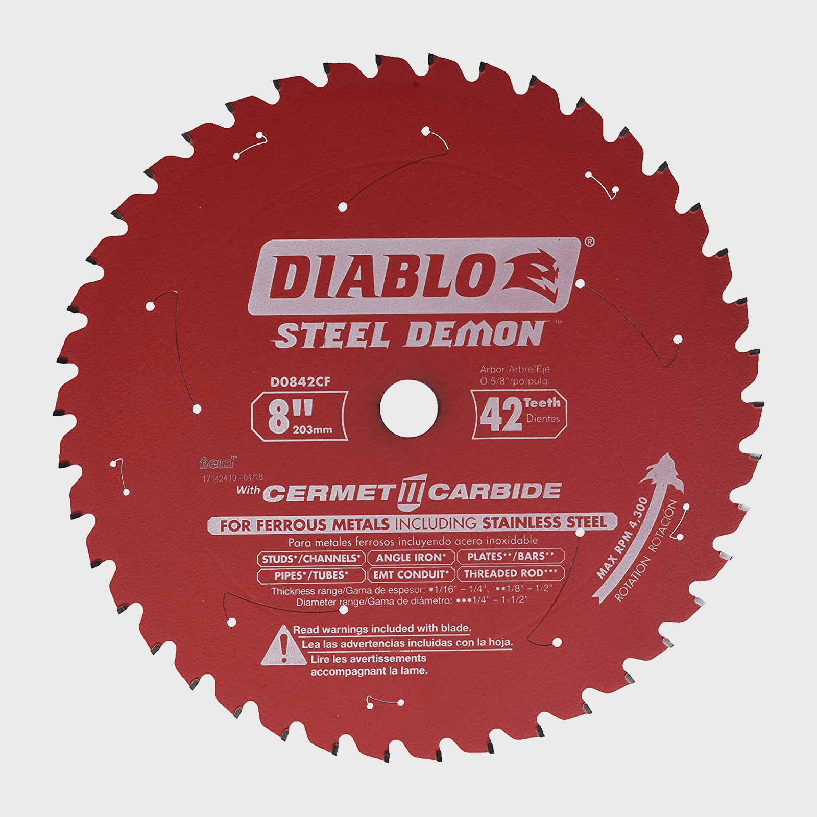 A red circular saw blade with 42 teeth spins, designed for cutting ferrous metals, displayed centrally against a white background.