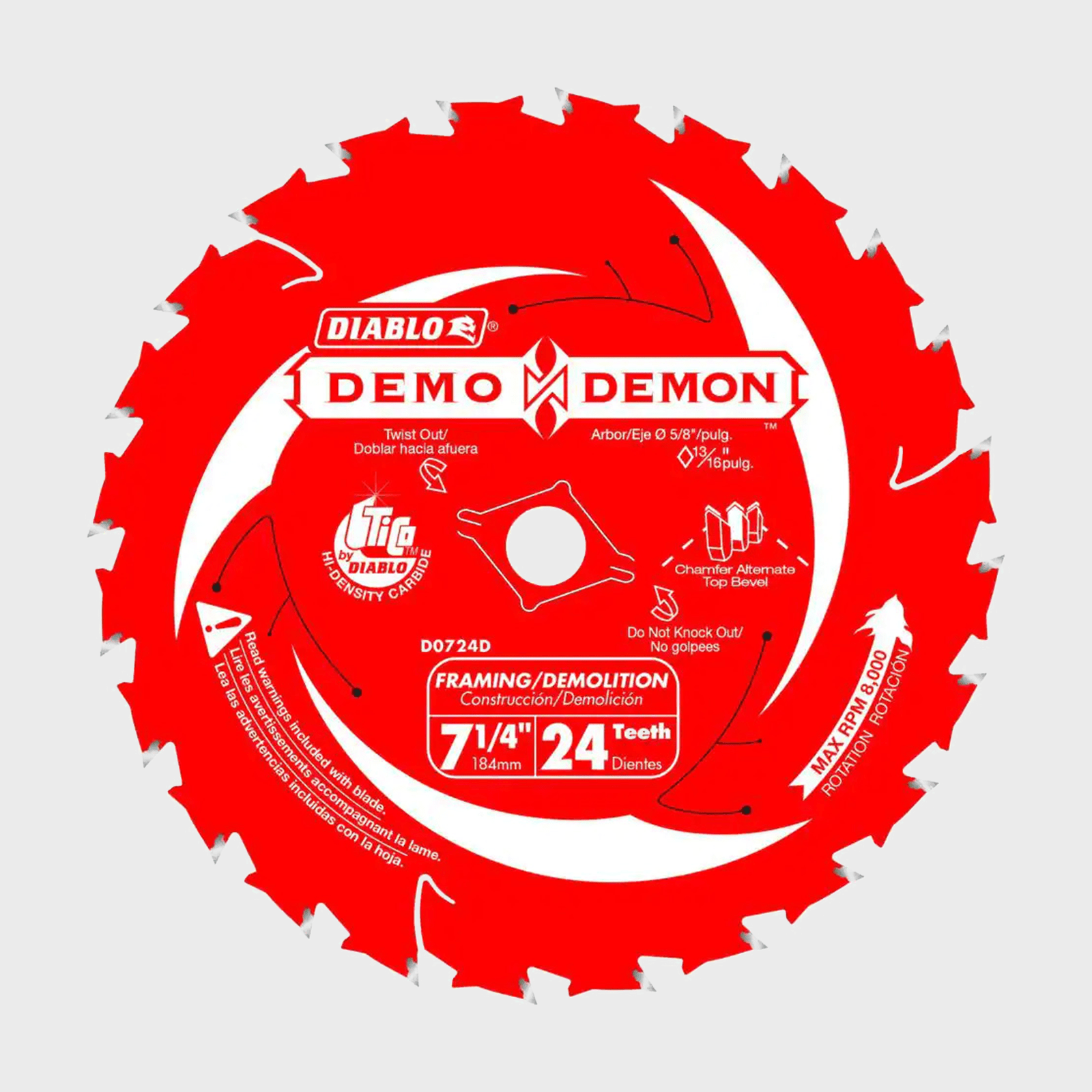 A circular saw blade with sharp teeth spins, designed for framing and demolition tasks, prominently displaying red and white branding and operational instructions.