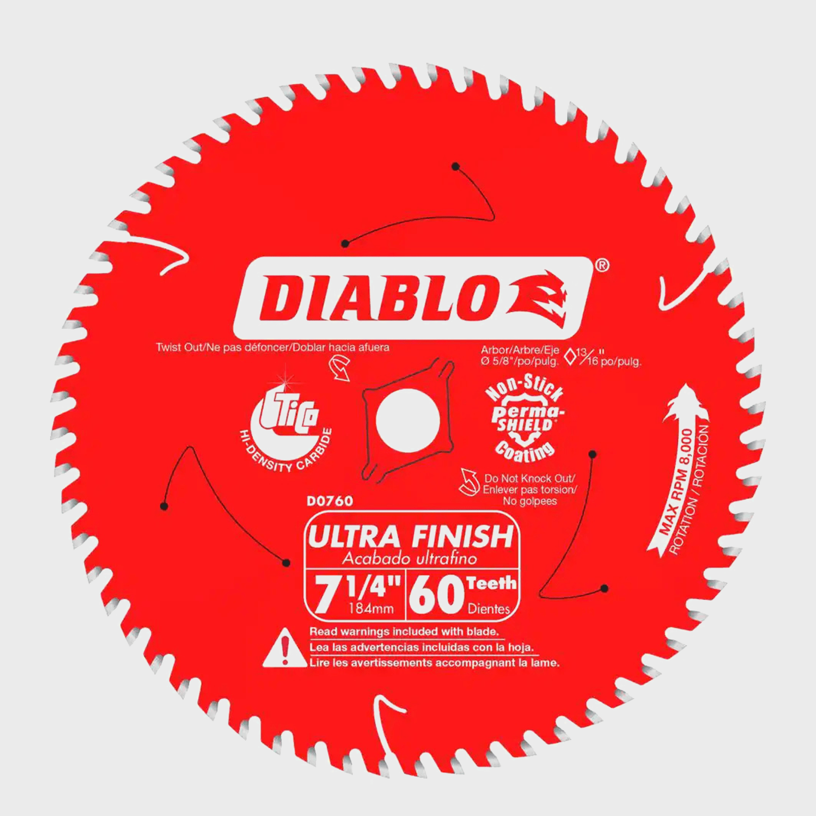 A circular saw blade rotates, designed for ultra-fine cutting, featuring a red surface with teeth around the edge and various printed specifications.