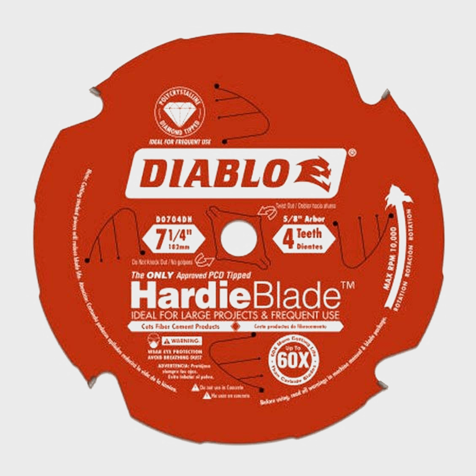 A circular saw blade, labeled "DIABLO," is designed for cutting fiber cement products. It features a red color, a 7 1/4” diameter, and four teeth.