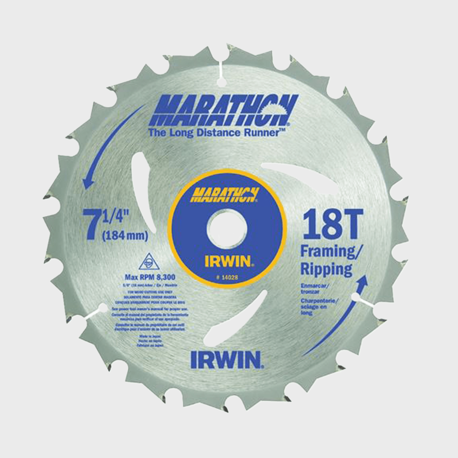 Circular saw blade designed for cutting, labeled "MARATHON IRWIN 18T Framing/Ripping," with maximum RPM of 8,300. It has 7¼" diameter.