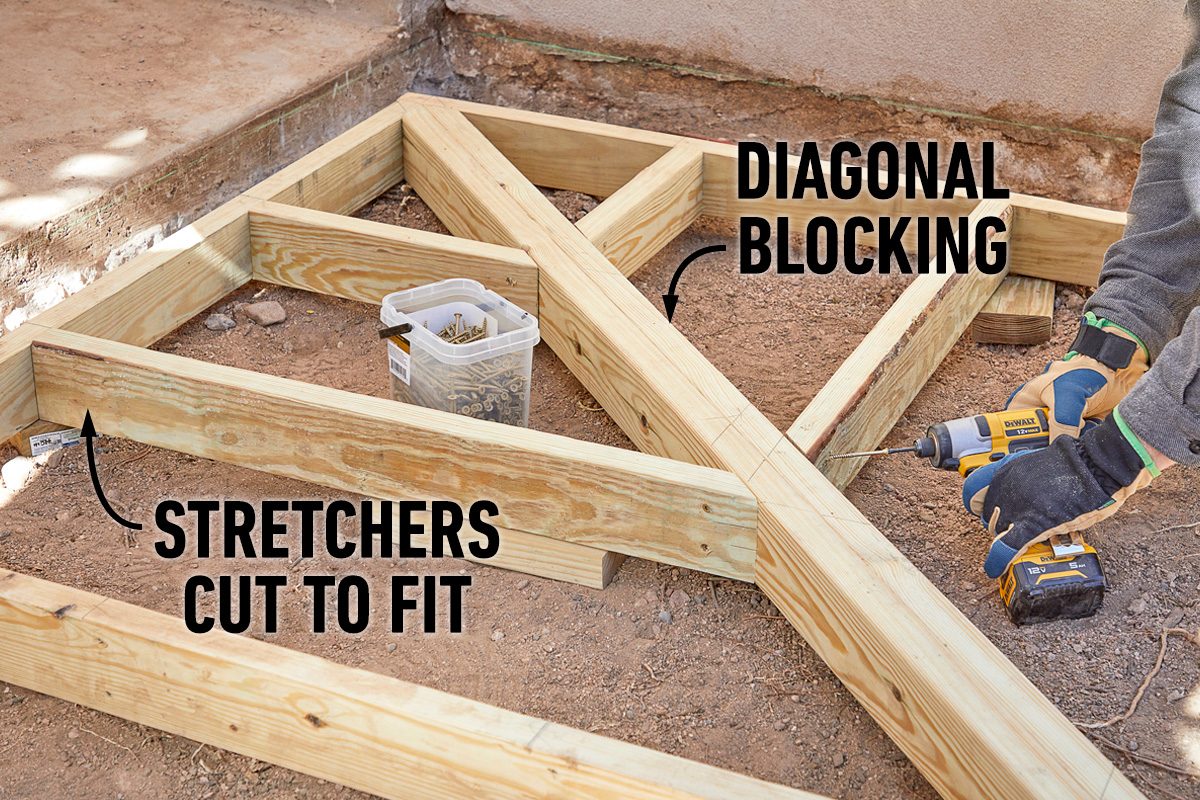 Wooden beams are being assembled with a drill, while diagonal blocking and stretchers are positioned on a foundation of dirt.