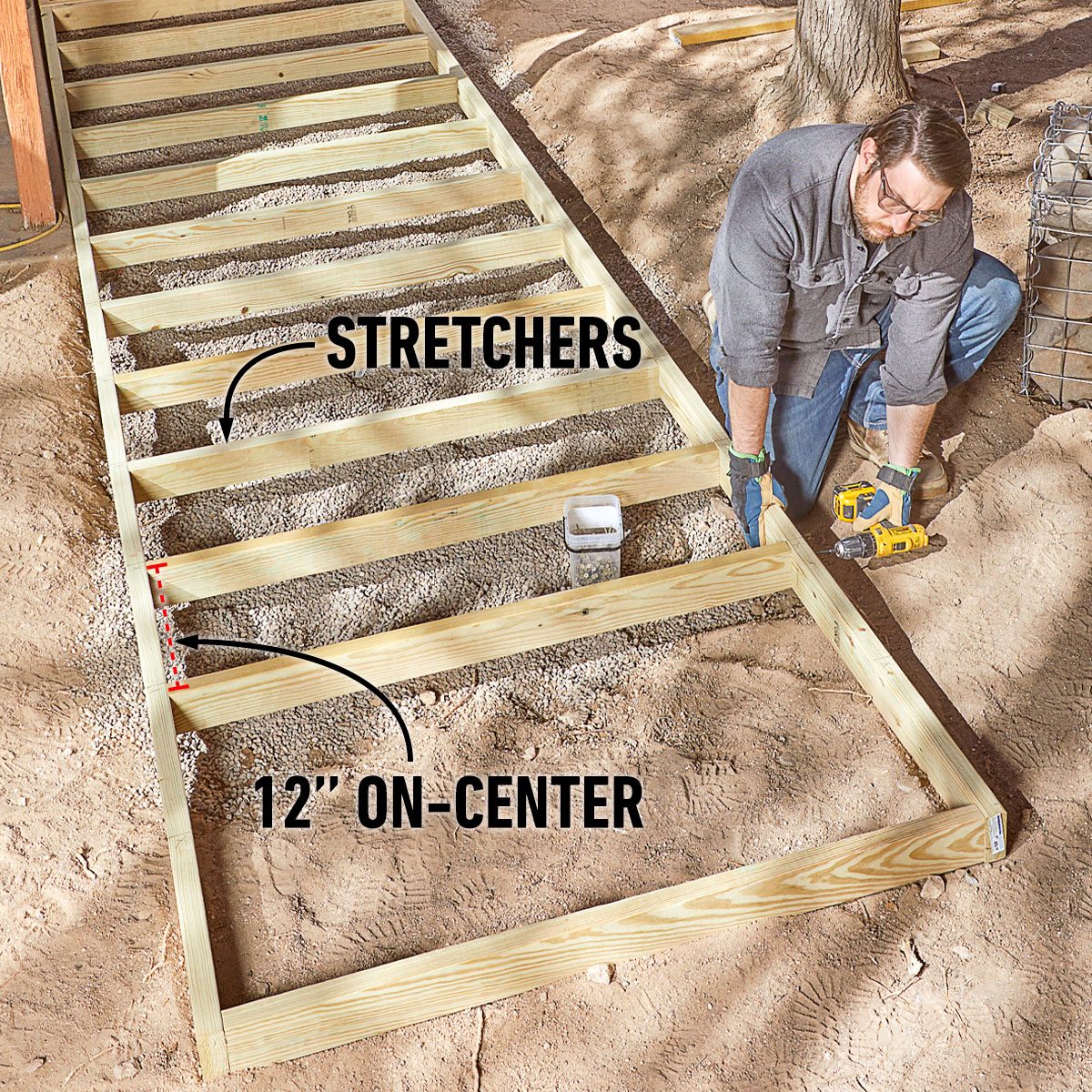 A man is assembling a wooden frame using a drill on a sandy surface, with labeled stretchers and measurements indicating spacing.