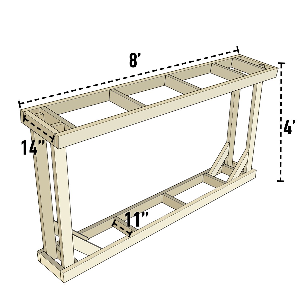 A large wooden frame, measuring 8 feet long and 4 feet tall, supports an open surface with vertical and diagonal braces for stability.