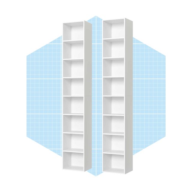 Two tall, white bookshelves stand upright, evenly spaced apart, against a light blue, grid-patterned background, showcasing their empty shelves.