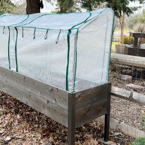 A raised garden bed topped with a mesh cover is situated among fallen leaves, surrounded by wooden fencing and greenery in a landscaped yard.