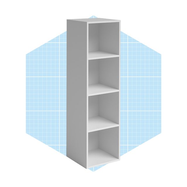 A white bookshelf stands upright, showcasing four empty shelves, against a light blue grid-patterned background. The setting emphasizes its minimalist design.
