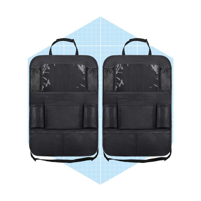 Two black organizational bags are displayed side by side, featuring multiple pockets and transparent sections, set against a light blue grid background.
