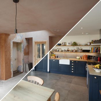 A partially renovated kitchen transitions into a modern space, showcasing neatly arranged shelves and a dining table, contrasting with unfinished plastered walls.
