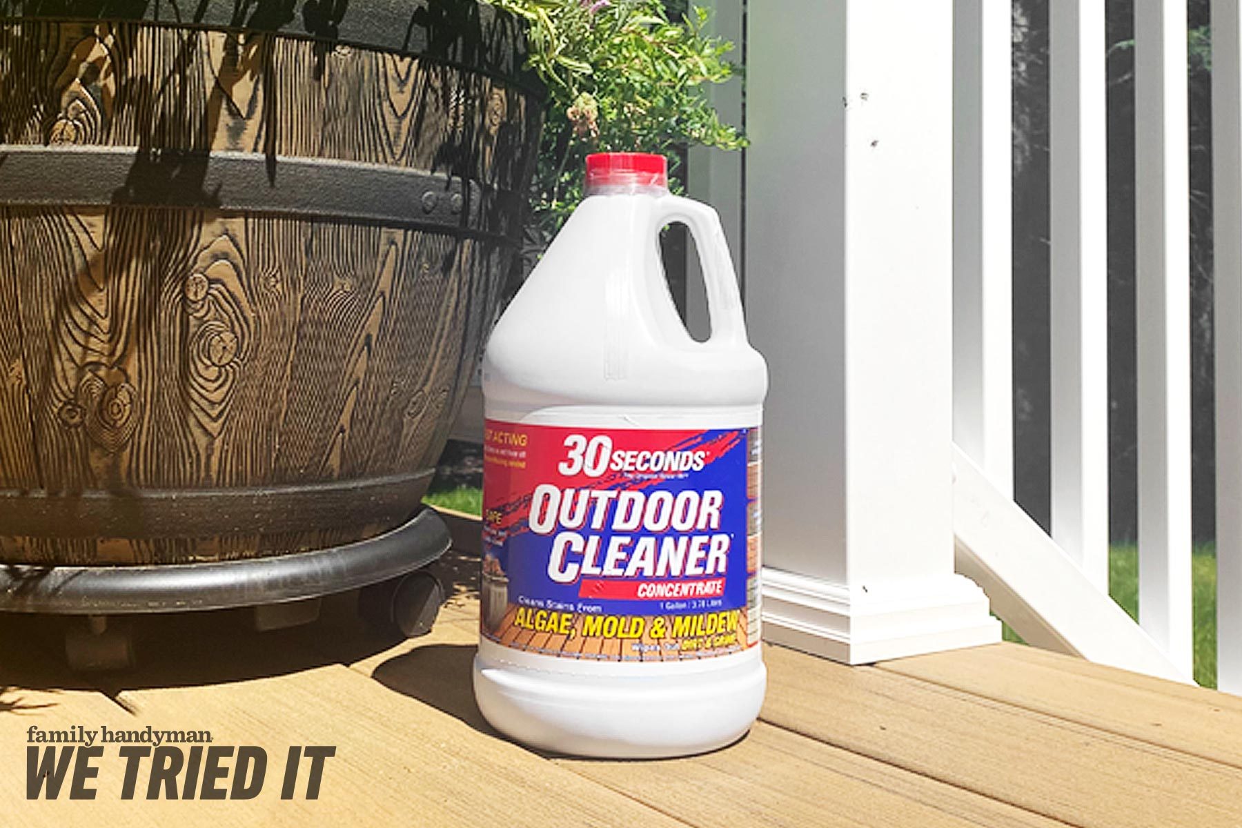 family handyman We Tried It logo on a photo of a bottle of 30 Second Cleaner on an outdoor deck