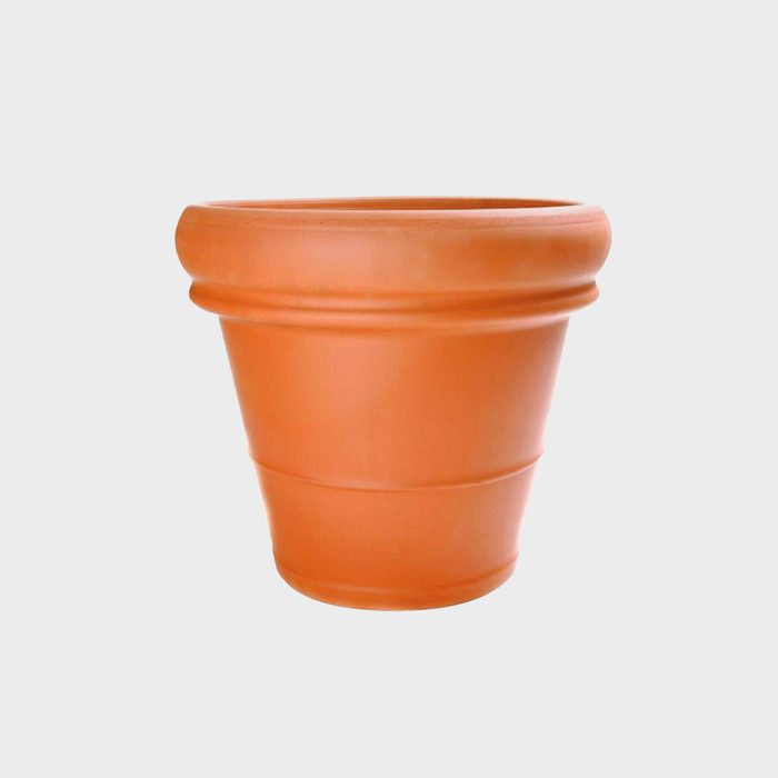 A terracotta plant pot stands upright, showcasing its rounded shape and smooth surface, set against a plain white backdrop.