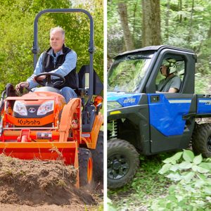 A man operates an orange tractor, plowing soil in a green field, while another drives a blue utility vehicle through a wooded area.