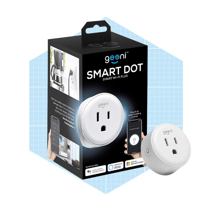 A smart Wi-Fi plug sits beside its packaging, advertising features and connectivity options for controlling devices remotely, set against a light blue background.