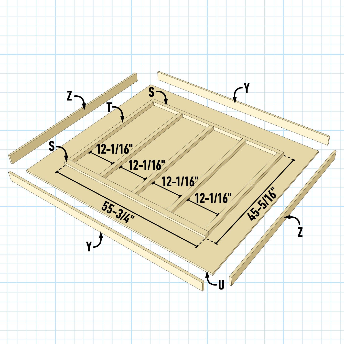 A wooden frame with labeled dimensions and sections is displayed, indicating measurements for construction, set against a grid background for reference.