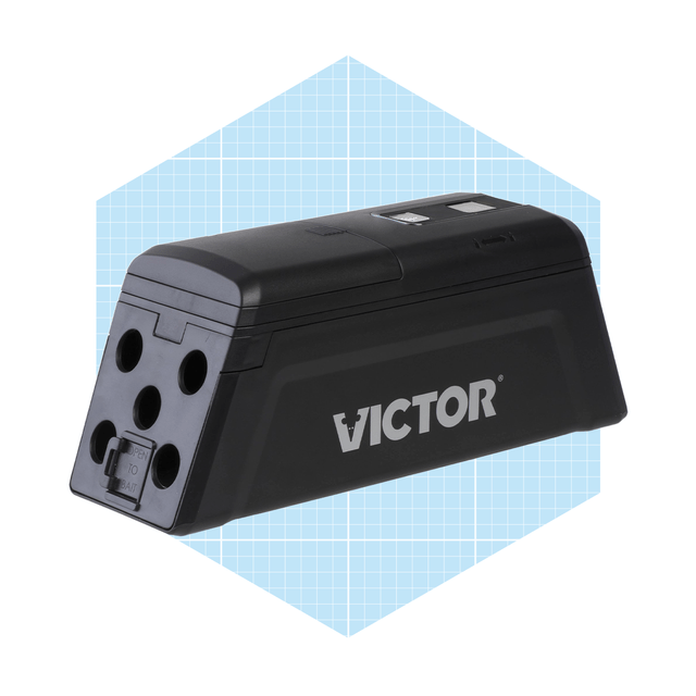 A black rodent trap sits on a light blue grid background, designed to capture rodents effectively with its multiple entry points.