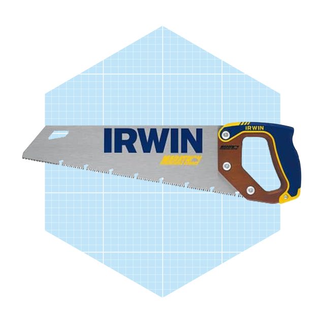 A handsaw lies horizontally, labeled “IRWIN.” It’s designed for cutting, set against a light blue, grid-patterned background.