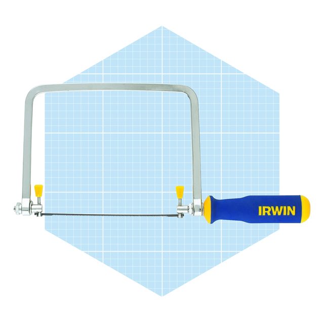 A coping saw is displayed, featuring a curved metal frame and a blue handle. It is set against a light blue grid background.