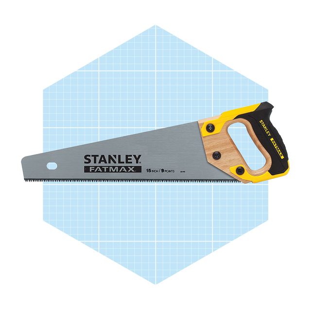 A hand saw rests on a blue grid background, showcasing its blade and wooden handle, labeled with brand and specifications for cutting tasks.