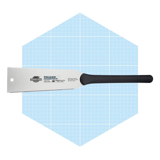 A hand saw with a serrated edge rests against a light blue, grid-patterned background, designed for cutting through materials efficiently.