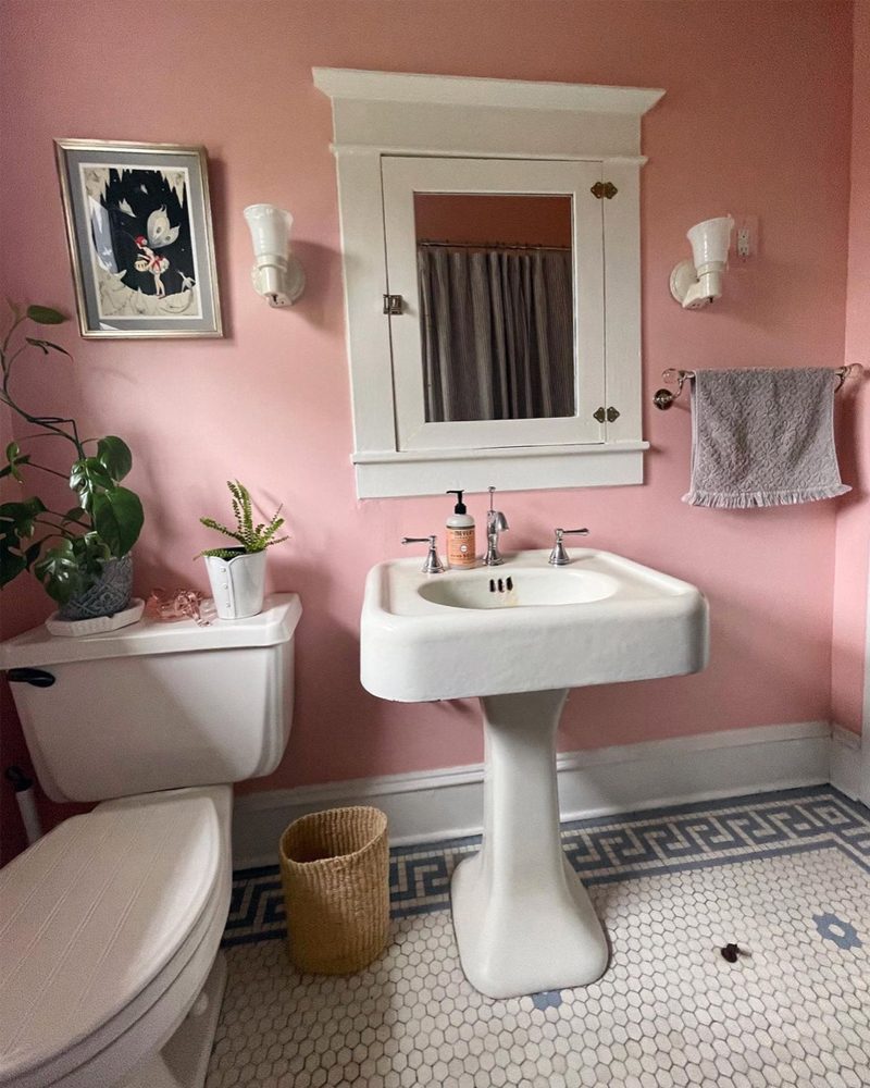 A white pedestal sink with chrome faucets stands against a pink wall, surrounded by a toilet, a plant, a towel, and patterned tiles.