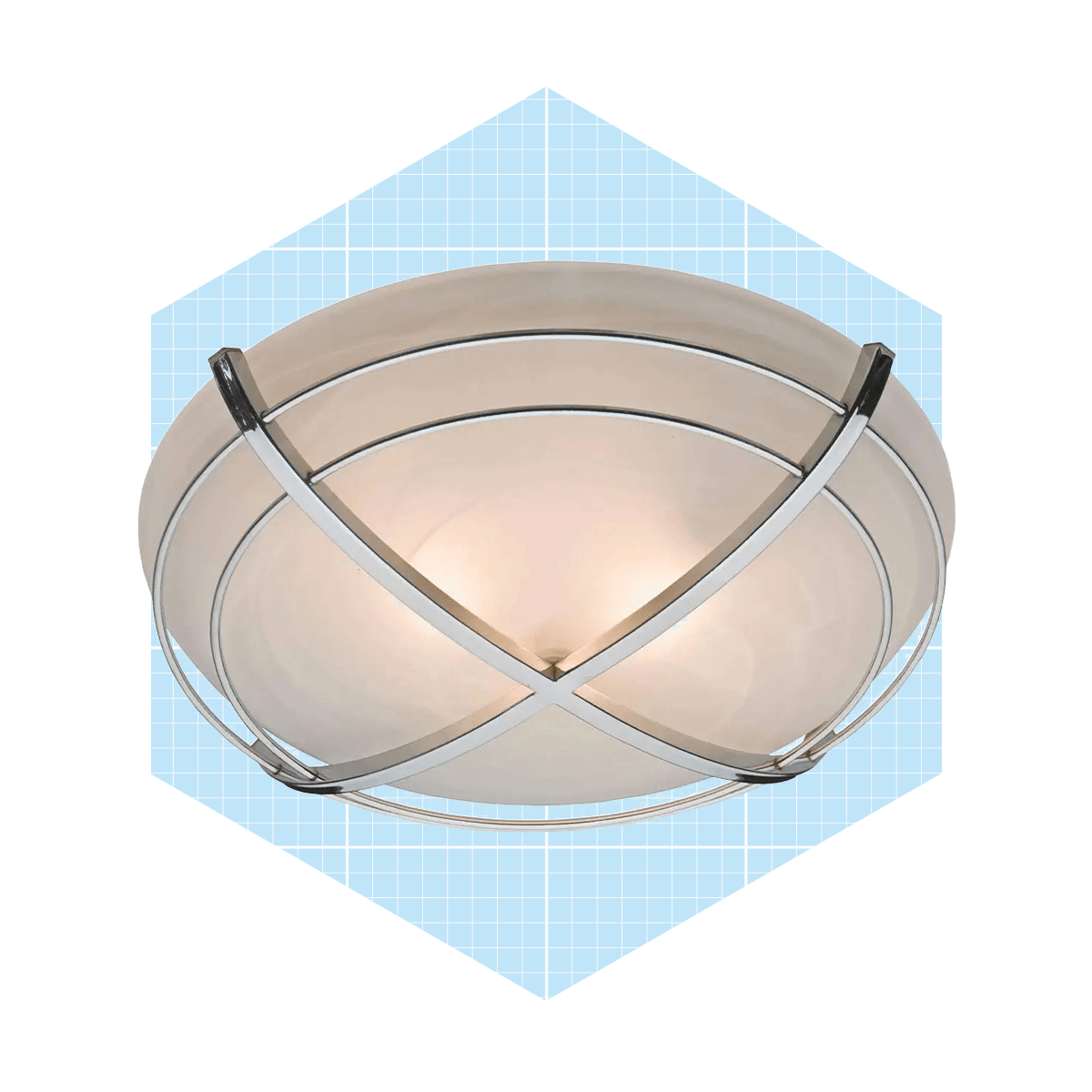 A modern ceiling light illuminates the space, featuring a circular design with metal accents, set against a light blue, grid-patterned background.