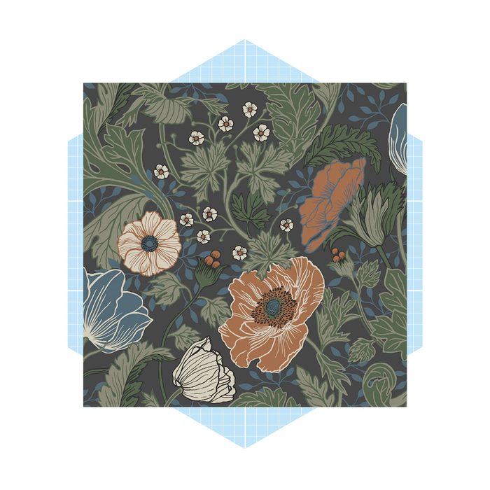 Colorful flowers with varying shapes and sizes are layered amongst green leaves and smaller blooms on a dark background, framed by a light blue geometric border.