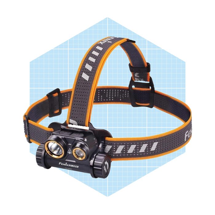 A headlamp with dual lights hangs on an adjustable strap, designed for hands-free illumination in dark environments, set against a light blue geometric background.